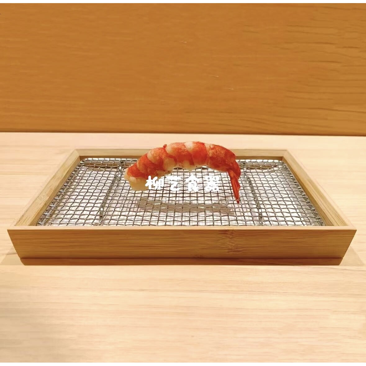 日本料理长方寿司刺身拼盘竹木盒子天妇罗炸物猪排不锈钢烤网盘子