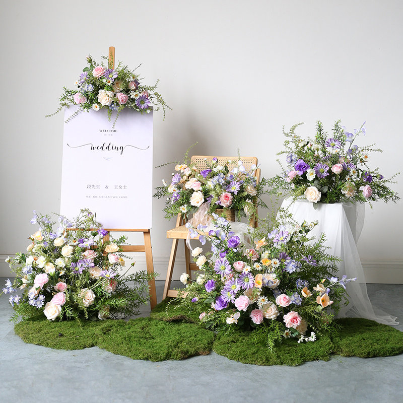 粉紫色仿真花艺装饰套装婚礼交车花拍照直播背景花卉迎宾花桌花摆