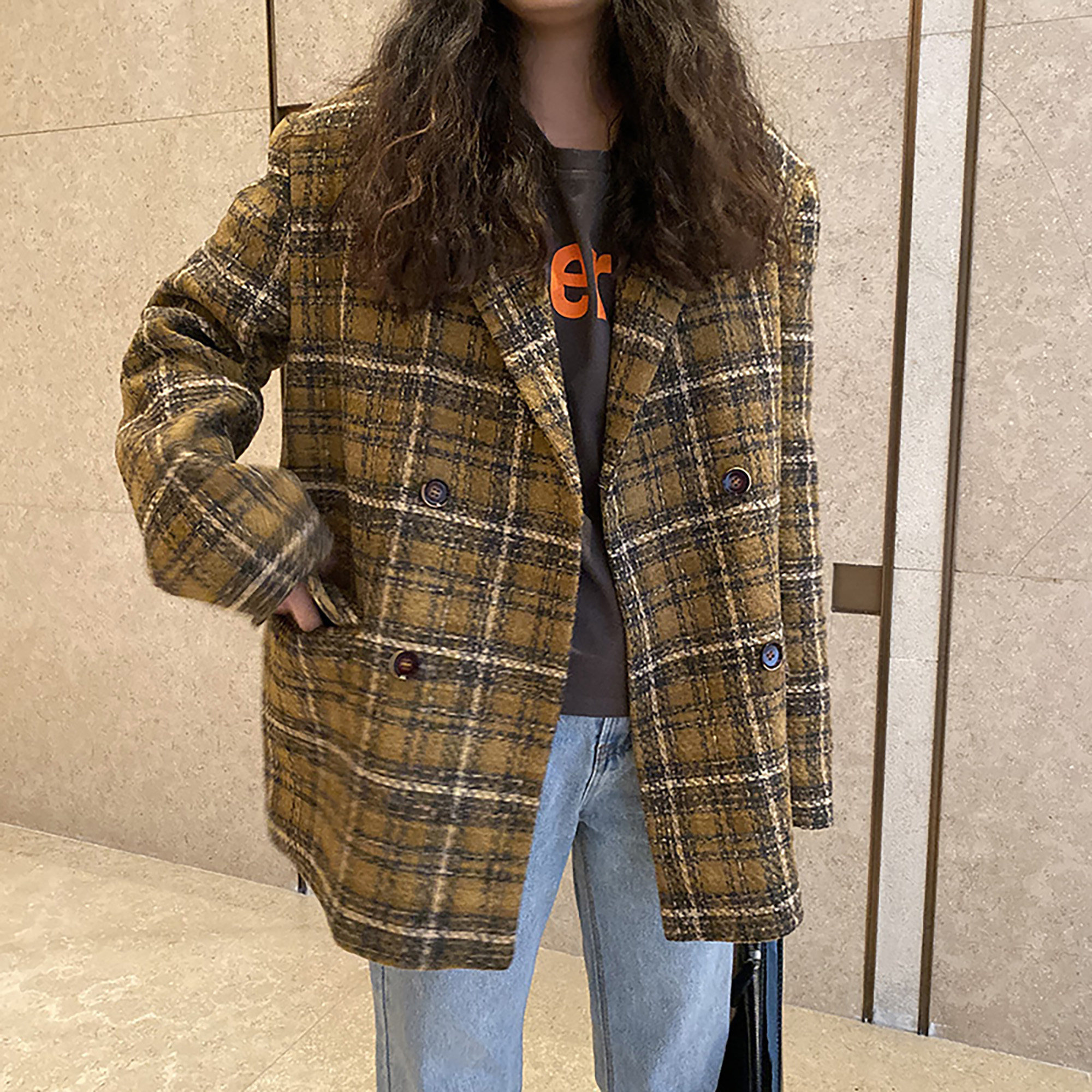 黄色毛呢格纹宽松西装外套
