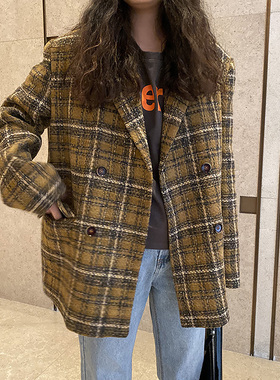 25秋冬新款黄色毛呢格纹宽松西装女复古格廓肩呢子休闲外套