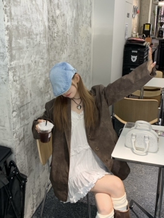 复古感擦色做旧哑光鳄鱼纹皮衣休闲西装 女春秋宽松棕色西服外套