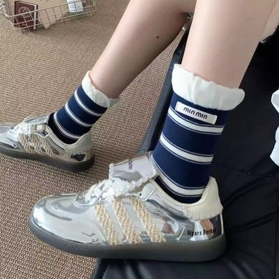 韩系泡泡口条纹秋冬中筒袜