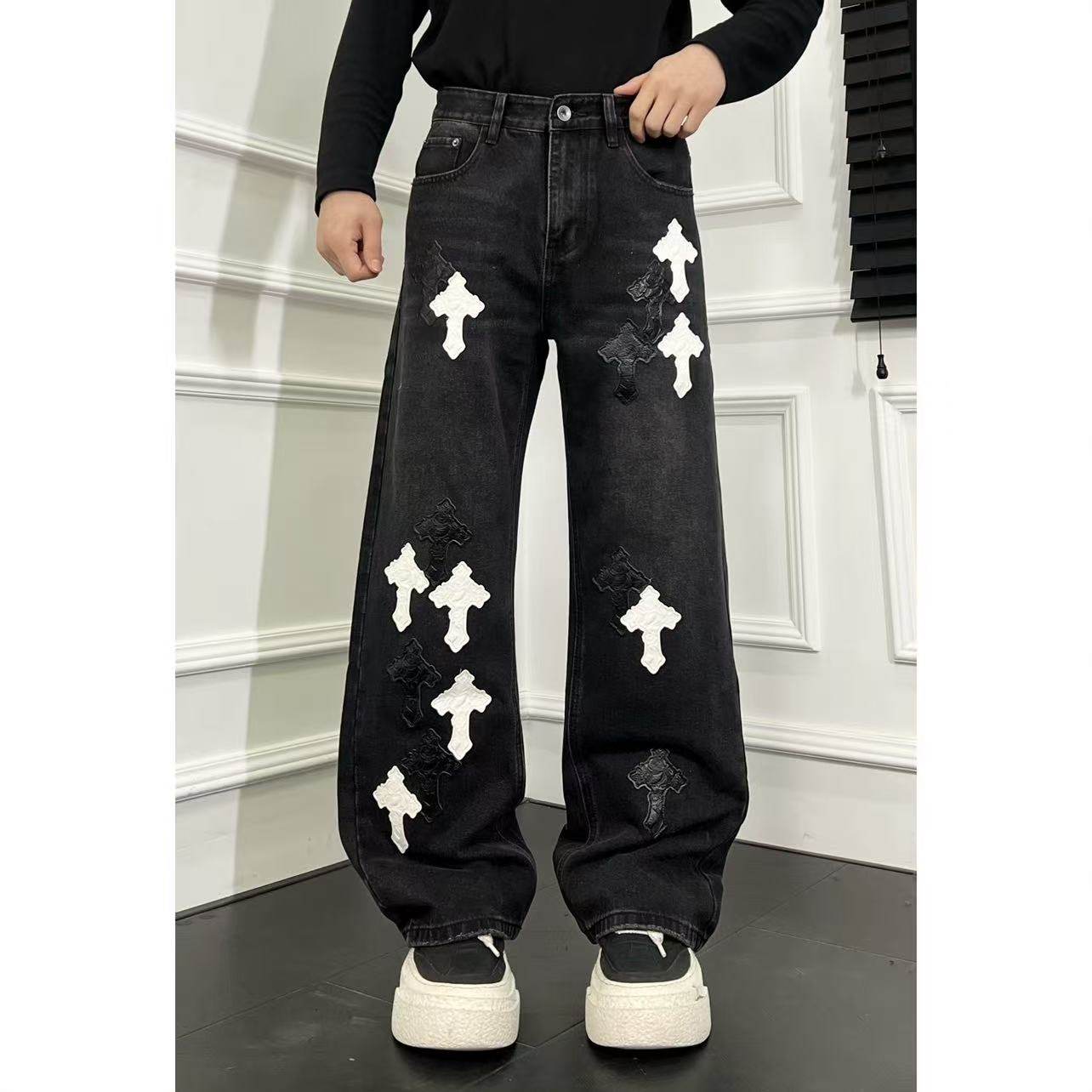 裤子1361-1男士高品质水洗黑白十字拼皮宽松直筒牛仔裤,男装,牛仔裤,淘宝优惠券,粉丝福利购,淘宝优惠卷