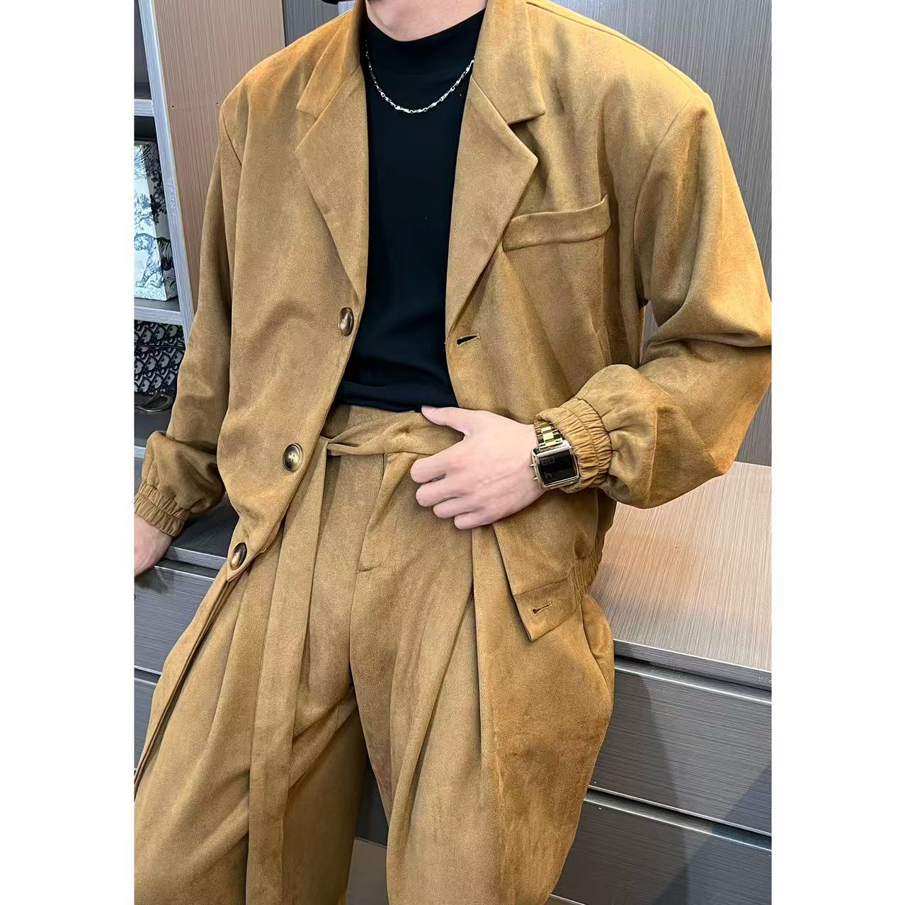 琛哥男装-套装2513男士高品质麂皮绒西装领夹克飘带套装