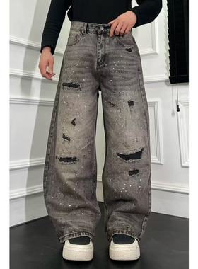 琛哥男装-裤子31053男士高品质重工水洗烫钻假破洞宽松直筒牛仔裤