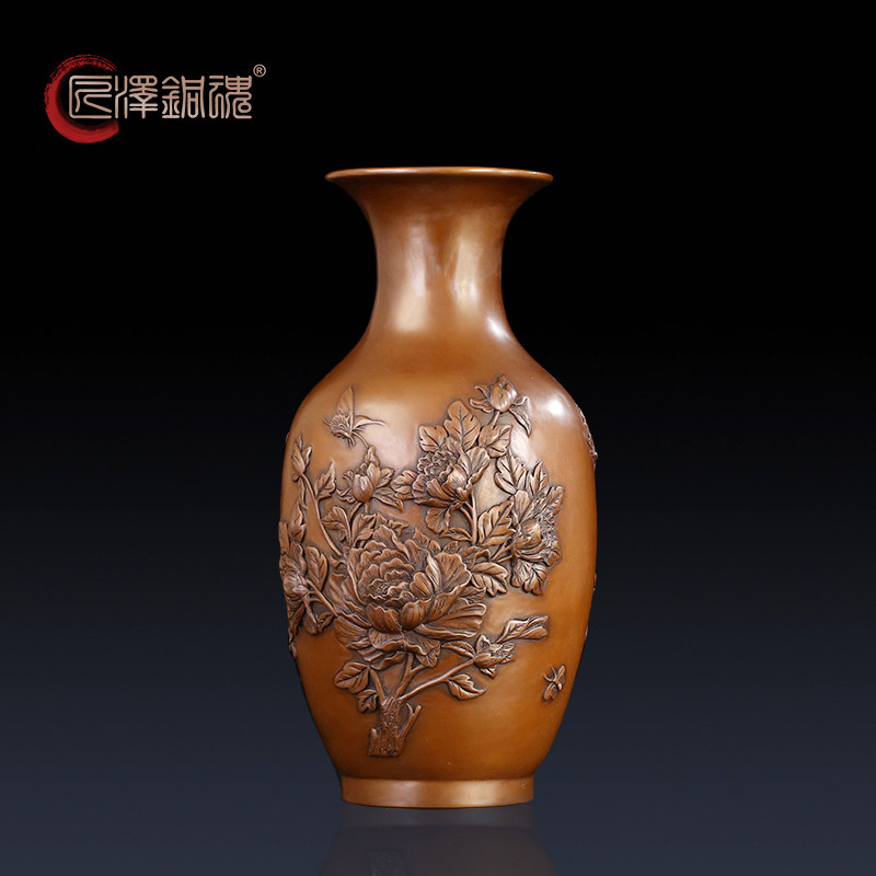匠泽铜魂 紫铜花瓶富贵花开牡丹花瓶家饰风水结婚礼物客厅摆件