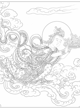 高清法海寺赴会图飞天仙女白描底稿工笔画人物线稿线描纸质打印稿