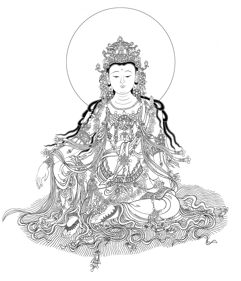 水月观音敦煌壁画佛像菩萨工笔画白描底稿线描实物打印稿非宣纸