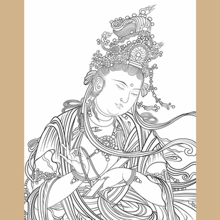 半身像敦煌榆林窟普贤菩萨白描底稿工笔佛像人物线稿线描纸质打印