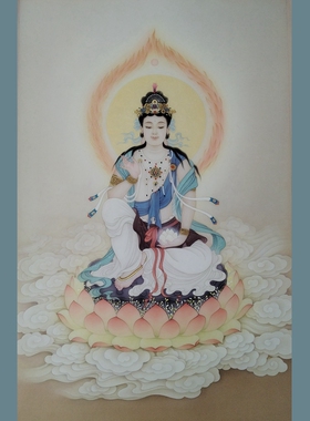 纯手绘工笔画火焰观音菩萨佛像绘画绢画国画新中式画心未装裱