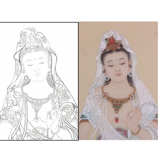 半身像 白衣观音菩萨白描底稿工笔佛像人物线稿线描纸质打印稿