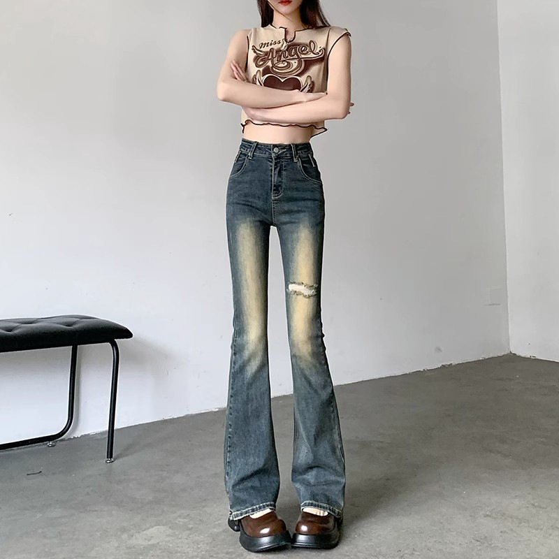 春秋季新款高腰显瘦弹力修身百搭喇叭复古破洞微喇牛仔裤女马蹄