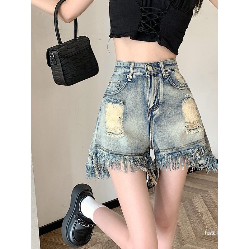 大码破洞A字牛仔短裤女夏季薄款