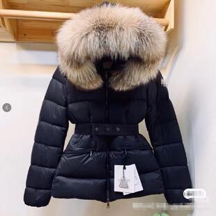 冬季奢华貉子大毛领羽绒服女 腰带修身短款加厚白鸭绒防寒面包服