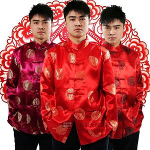 男青年中式新郎伴郎中国风兄弟团唐装结婚礼服长袖旗袍上衣服外套