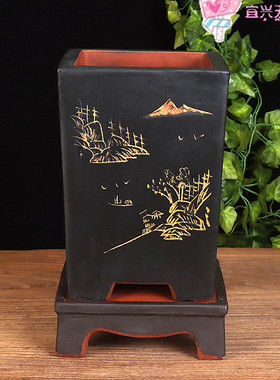 宜兴紫砂花盆手工四方兰花盆透气室内外盆景盆大口兰花绿植盆带座