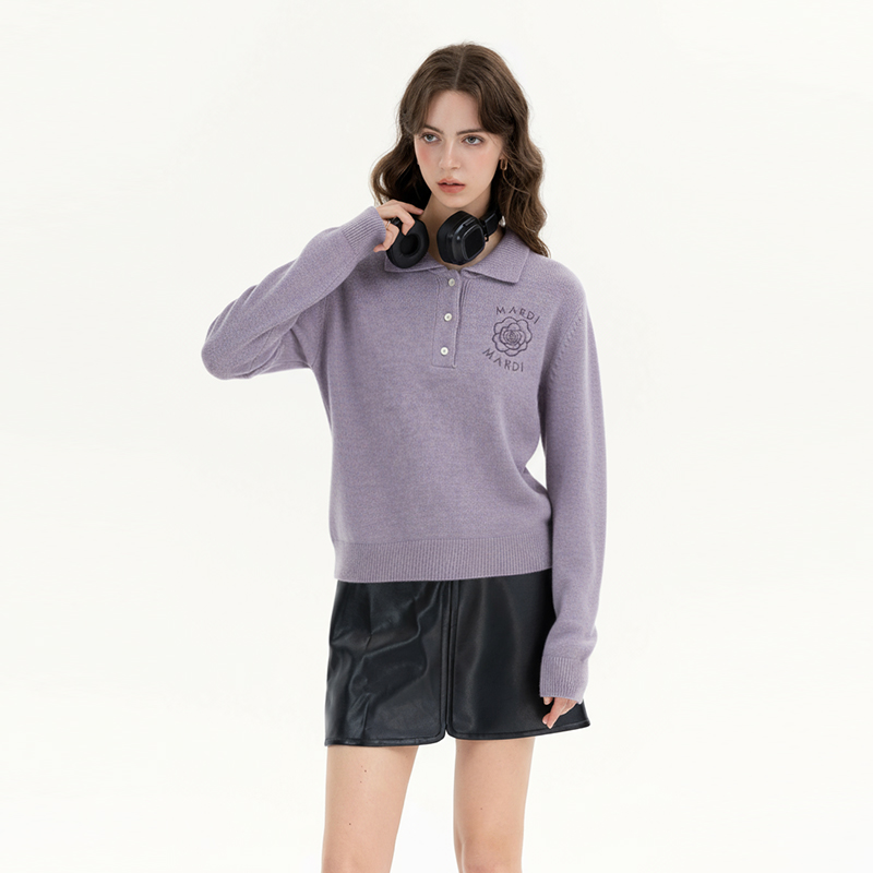 Mardi韩系多巴胺25秋冬新款刺绣雏菊翻领毛衣POLO羊毛针织衫上衣