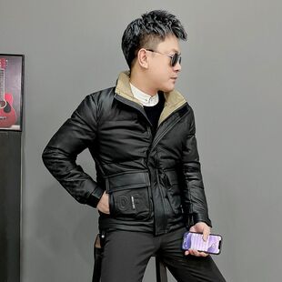 冬季高级感加厚拼色立领皮面棉服男士韩版修身短款棉袄外套潮