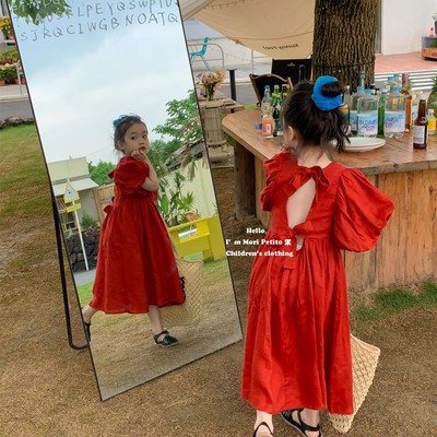 酒红色女童露背连衣裙美背系带甜美公主泡泡袖短袖夏季生日礼服裙