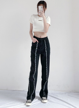 高腰宽松显瘦蓝色直筒牛仔裤女2021秋冬新款拼接设计阔腿拖地长裤