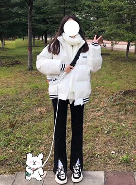 黑色高腰弹力开叉微喇阔脚牛仔裤女宽松保暖休闲棉服外套两件套潮