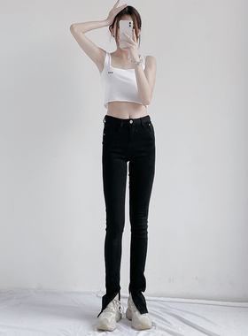 春夏新款高个黑色弹力开叉紧身小脚长裤女高腰拖地打底直筒牛仔裤