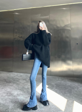 浅蓝高腰弹力马蹄牛仔裤微喇叭修身显高显瘦显腿长拖地高个子长裤