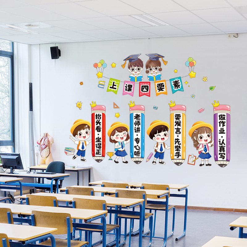 卡通上课四要素班级文化标语装饰贴纸教室布置幼儿园墙面自粘墙贴
