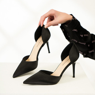 悠闲美法式高跟鞋女士中空浅口单鞋尖头绸缎时装鞋OL时尚工作鞋子