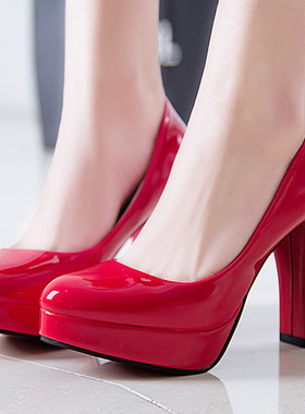大码高跟鞋OL工作鞋粗跟女鞋红色新娘婚鞋 厚底防水台cos变装单鞋