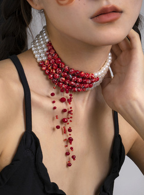 欧美跨境饰品哥特风血滴流苏项链女万圣节项圈串珠chocker
