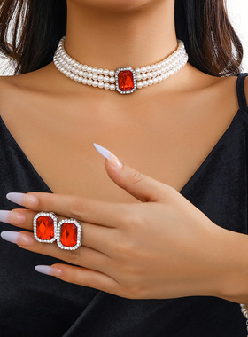 欧美跨境饰品 法式优雅多层仿珍珠颈链 气质轻奢串珠圆形吊坠项饰