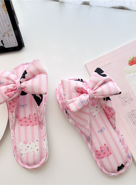 25年新款 竖条纹猫咪卡通蝴蝶结布艺拖鞋 室内家居拖鞋女防滑底
