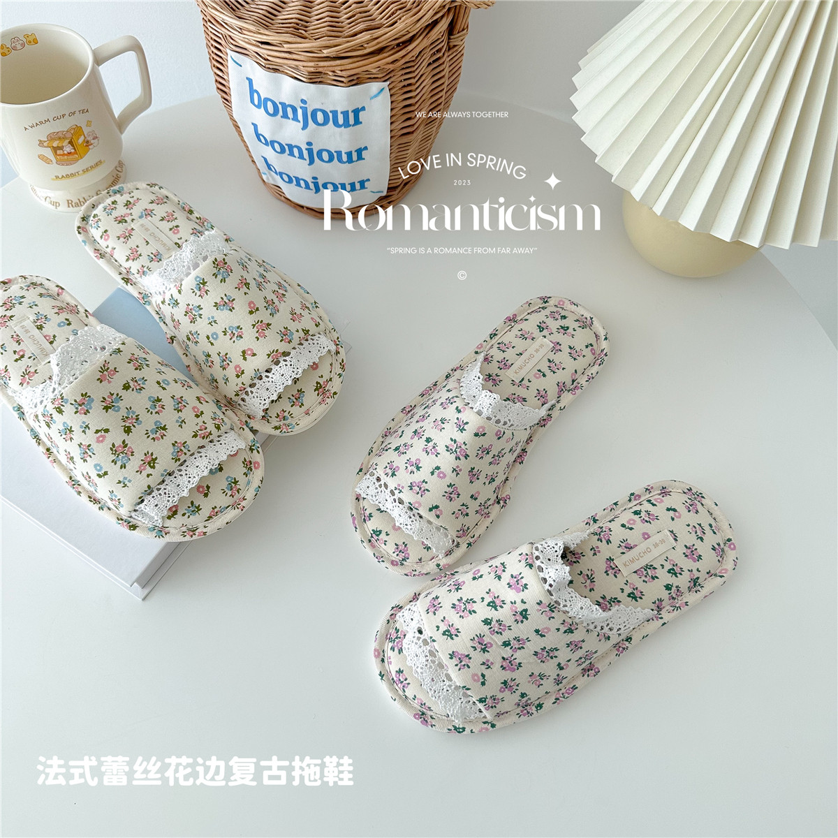 复古双头蕾丝碎花鱼口拖鞋 布艺露趾少女心家居拖鞋防滑防水大码