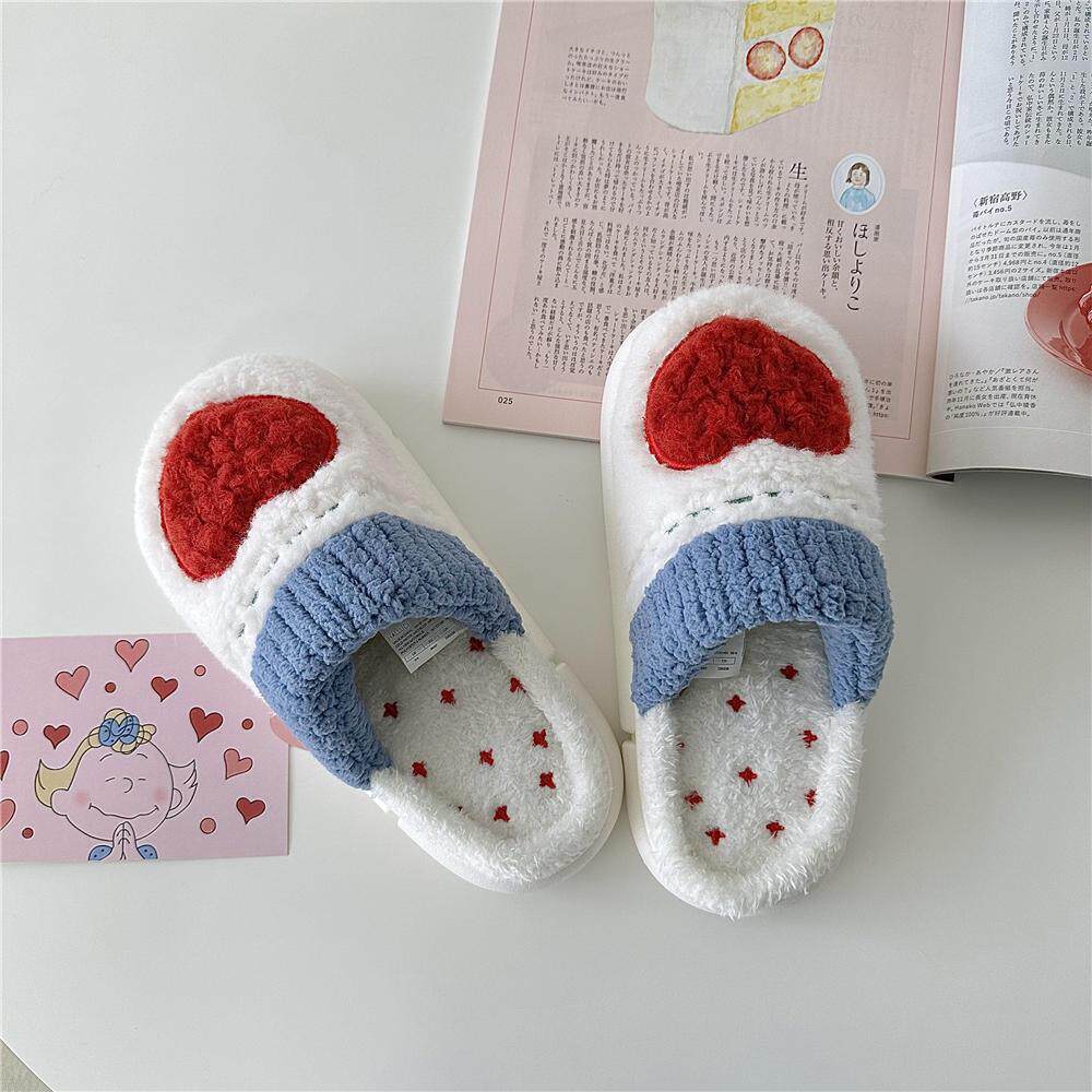 甜美可爱秋冬保暖蓝白爱心情侣家居鞋 厚底柔软舒适室内防滑拖鞋