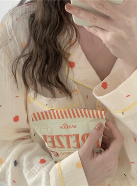 ins彩色点点印花翻领家居服 奶黄色长袖长裤棉质睡衣开衫套装女