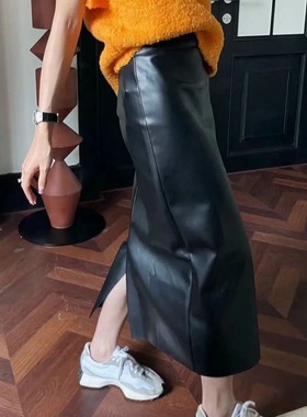 秋冬黑色高腰半身皮裙女中长款后开叉过膝直筒职业包臀裙一步长裙