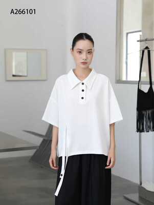 白色POLO领飘带短袖T恤女
