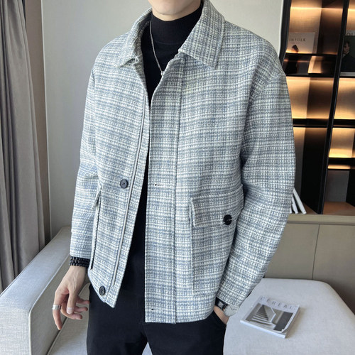 【满两件包邮】2025秋季新款青少年港风夹克翻领时尚休闲格子外套