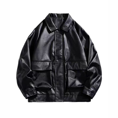 【满两件包邮】2025秋季新款青少年港风潮牌工装大口袋pu皮夹克衫