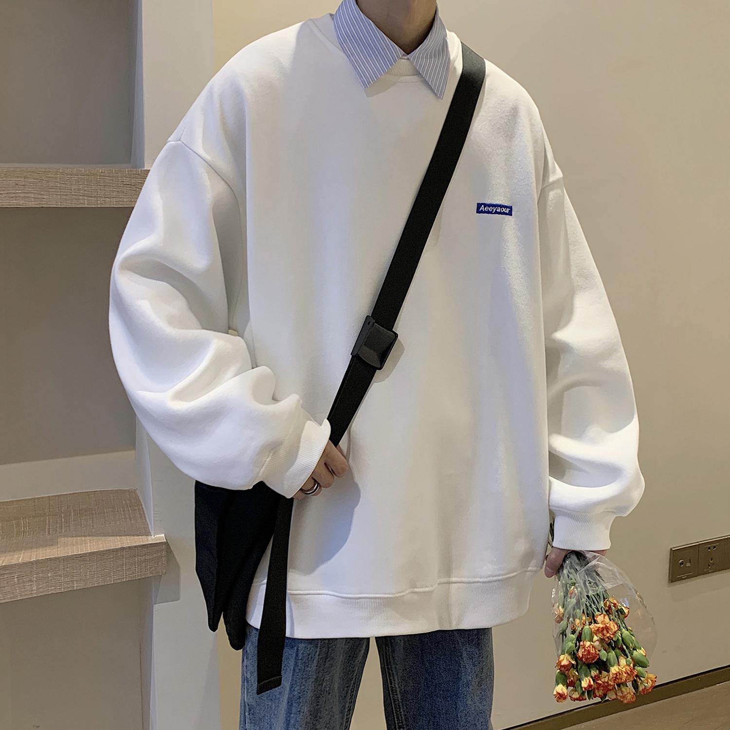 【满两件包邮】2025秋季新款青少年港风基础款刺绣圆领宽松卫衣潮