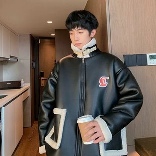 款 2025冬装 包邮 青少年学生羊羔毛皮毛一体PU皮拼接棉衣 满两件