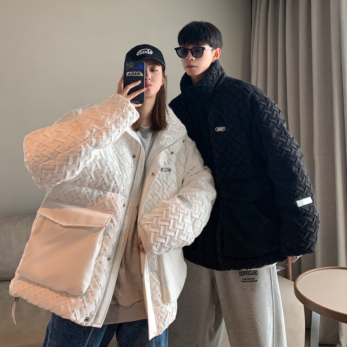 【满两件包邮】2025冬装新款青少年学生港风高街潮牌编织羽绒服