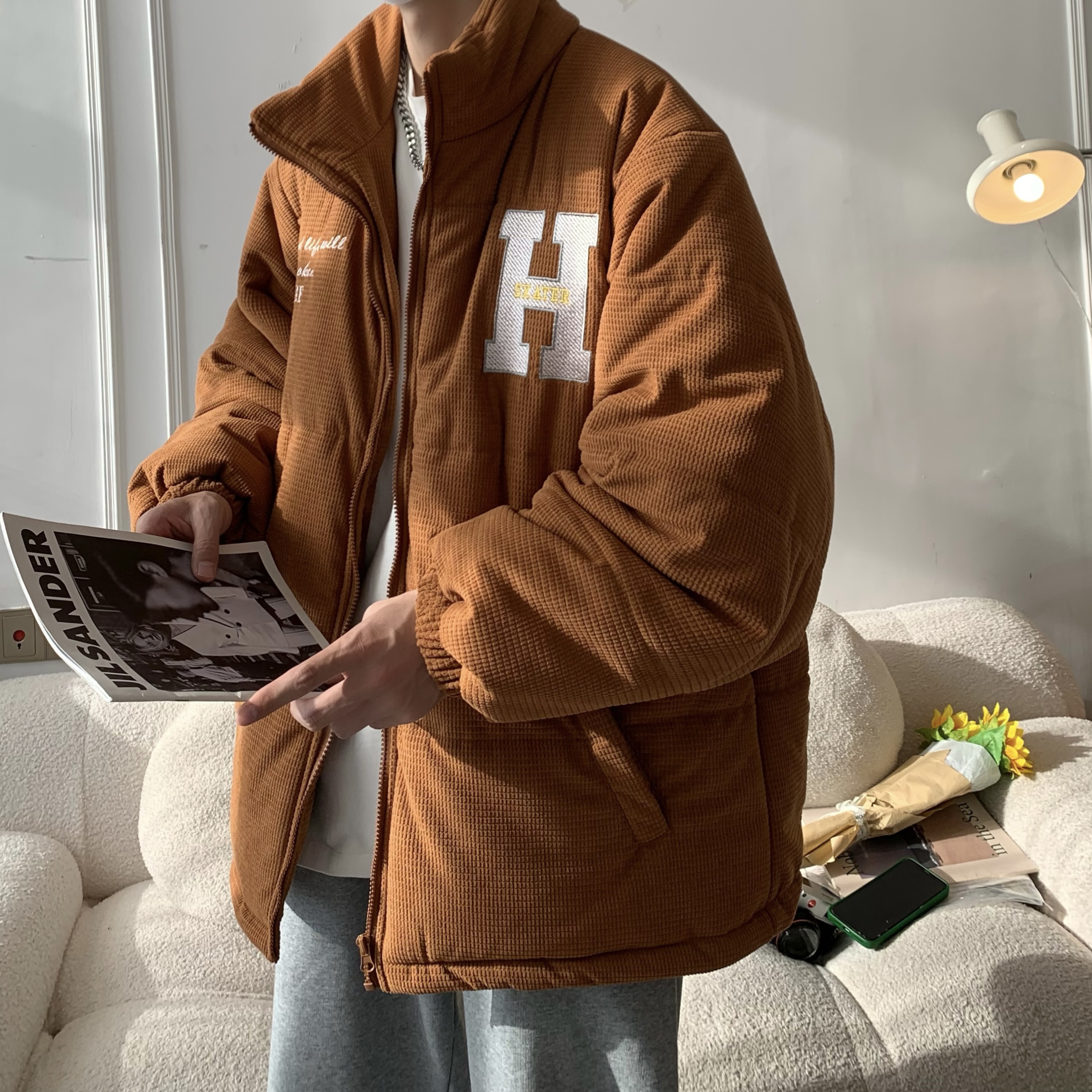 【满两件包邮】2025秋冬季新款港风青少年学生灯芯绒刺绣夹克棉衣