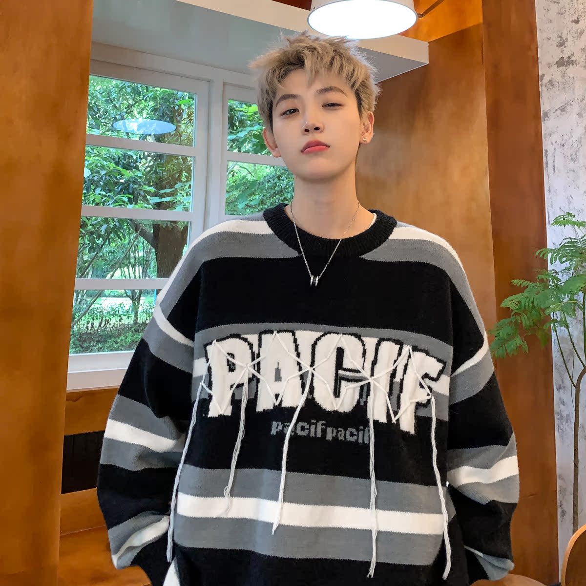 【满两件包邮】2025秋季新款青少年港风条纹慵懒风毛衣流苏针织衫