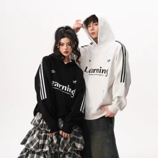 满两件 青少年港风美式 包邮 新款 高街三条杠连帽卫衣潮 2025秋季