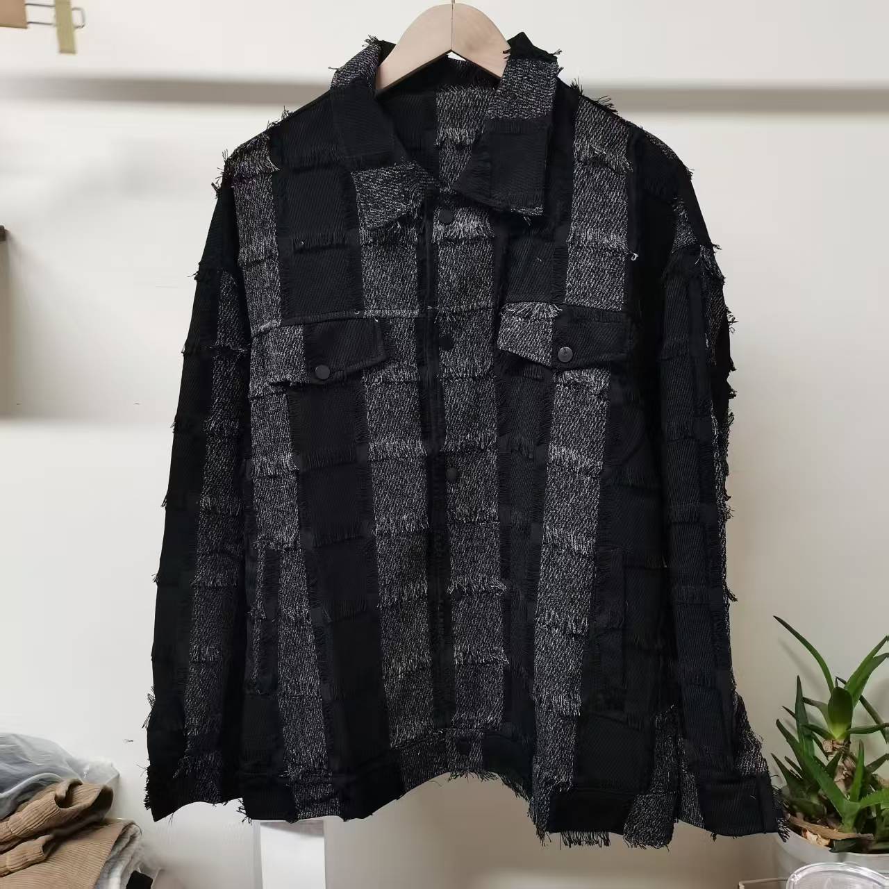 【满两件包邮】2025秋季新款青少年学生港风竖条纹流苏宽松夹克潮