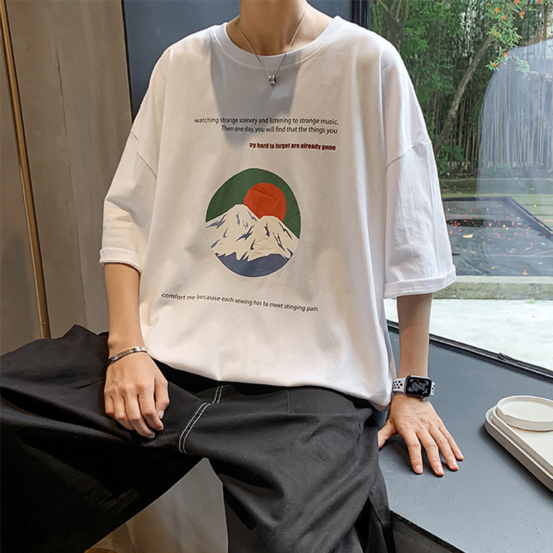 【满两件包邮】2025夏装新款港风青少学生bf雪山印花短袖休闲t恤