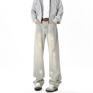 【满两件包邮】2026春季新款青少年港风美式复古星星印花牛仔长裤