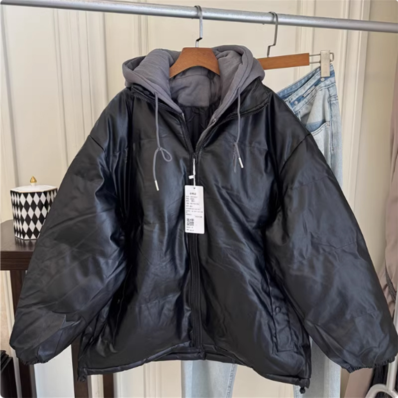 【满两件包邮】2025冬季新款港风青少年黑灰拼接假两件Pu皮棉衣
